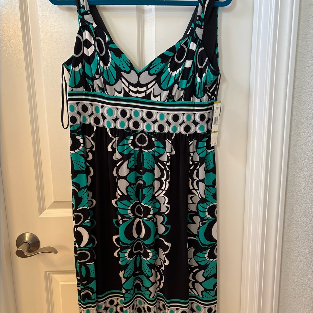 Nine West Black and Teal Patterned Midi Dress 4001